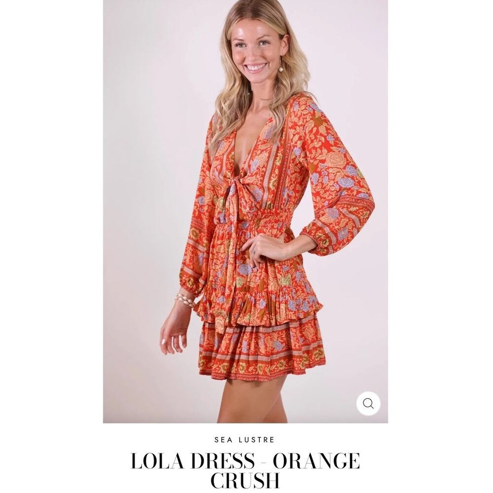 Sea Lustre Red Floral Mini Dress Tie Front Boho Cottagecore Festival Long Sleeve